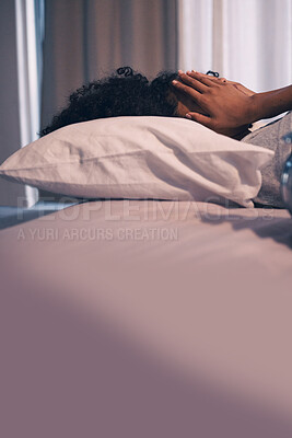 Buy stock photo Tired, burnout and woman sleeping in bed with exhaustion, depression or insomnia at home. Rest, relax and stressed female person taking nap for mental health in the bedroom of her house or apartment.