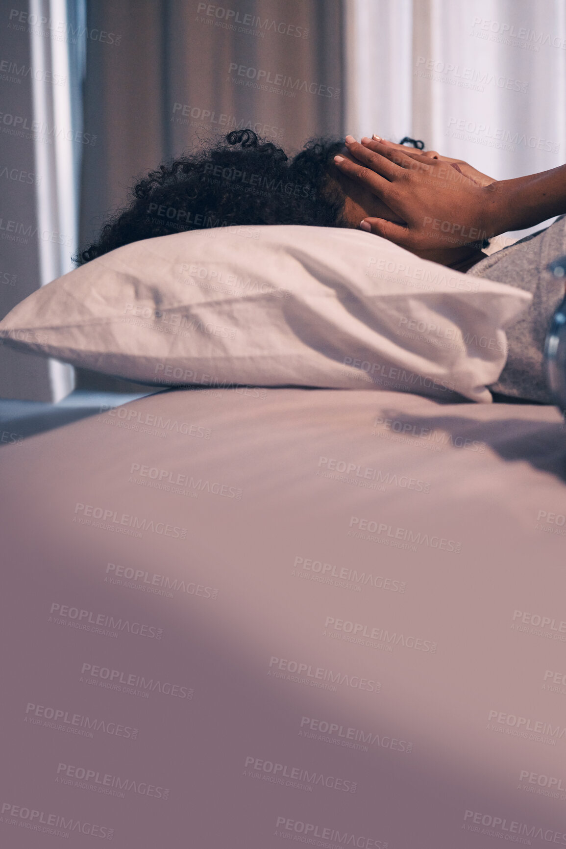 Buy stock photo Tired, burnout and woman sleeping in bed with exhaustion, depression or insomnia at home. Rest, relax and stressed female person taking nap for mental health in the bedroom of her house or apartment.