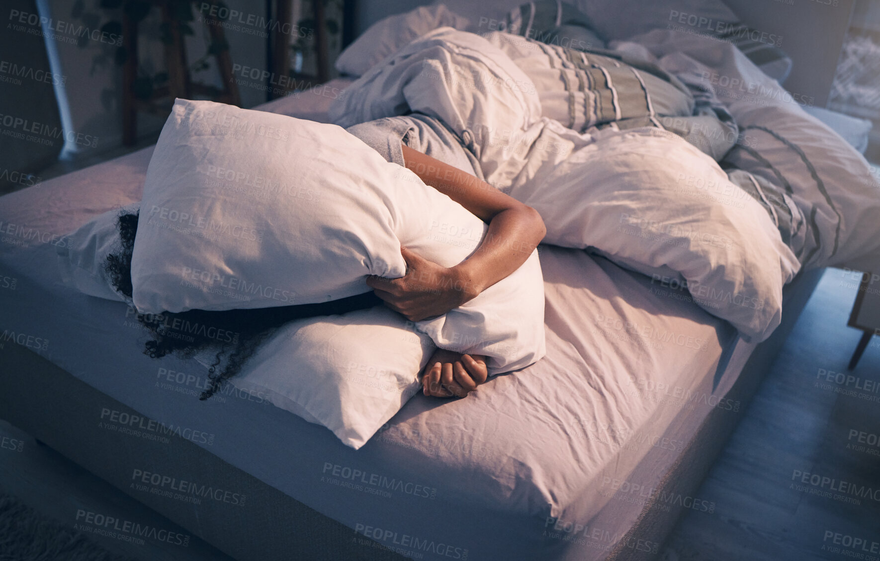 Buy stock photo Stress, insomnia and woman with pillow on face, tired and frustrated with sleep, nightmare or dream. Fatigue, sleeping problem and exhausted girl in bed with fear, scared at night and crisis in home.