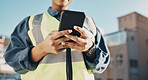 Phone, construction worker hands and person typing, networking or search info about inspection, maintenance or building. Cellphone communication, closeup builder or engineer research architecture