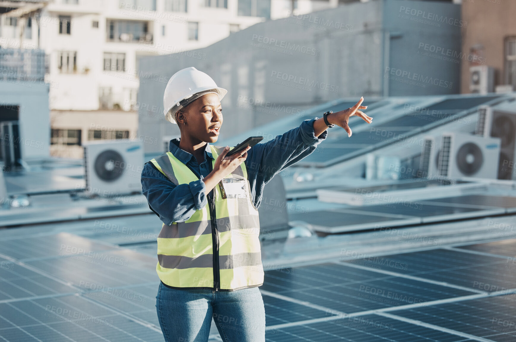 Buy stock photo Black woman point, solar panel and speaker phone call for photovoltaic plate, renewable energy grid or project voice note. Rooftop view, cellphone and female engineer talk about construction building