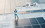 Solar panel, construction worker and portrait with a smile for engineering and building renovation job. Arms crossed, happy and green energy builder and employee on industrial site for eco project