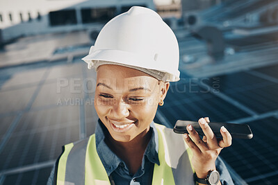 Buy stock photo Happy black woman, solar panel and speaker phone call for photovoltaic plate, sustainability or project voice note.  Energy grid, cellphone or face of female engineer listening to eco friendly advice