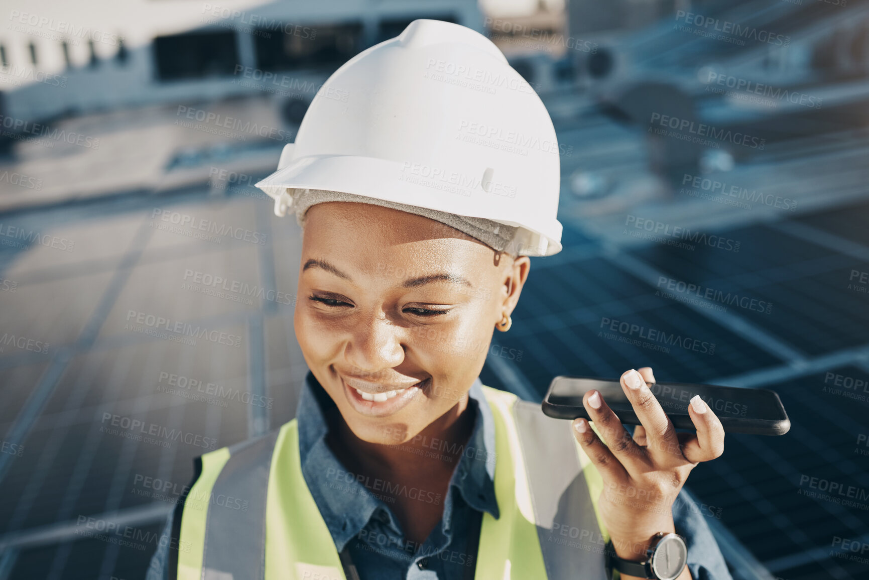 Buy stock photo Happy black woman, solar panel and speaker phone call for photovoltaic plate, sustainability or project voice note.  Energy grid, cellphone or face of female engineer listening to eco friendly advice