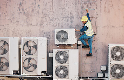 Buy stock photo Engineer, roof and outdoor for air conditioning maintenance, construction or inspection for system, building or industry, African technician, ladder and ac tech with check, analysis or hvac services