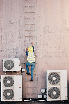 Buy stock photo Technician, ladder and outdoor wall for air conditioner maintenance, construction or site inspection. Engineering person, climbing and safety helmet for ac repair, check and analysis or hvac service