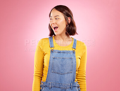 Buy stock photo Wow, surprise and mockup, woman in studio with excited face for deal, sale or promo on pink background space. Happy facial expression, giveaway announcement or shock for asian girl in casual fashion.