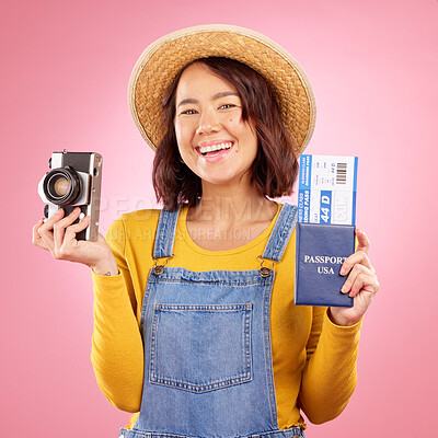 Buy stock photo Photographer woman, passport and studio portrait for travel, memory or excited by pink background. Gen z student girl, retro camera and identity documents for compliance for international immigration