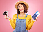 Woman, photography and camera with ticket, studio portrait and travel for memory by pink background. Gen z student girl, excited and identity paperwork for compliance for international immigration