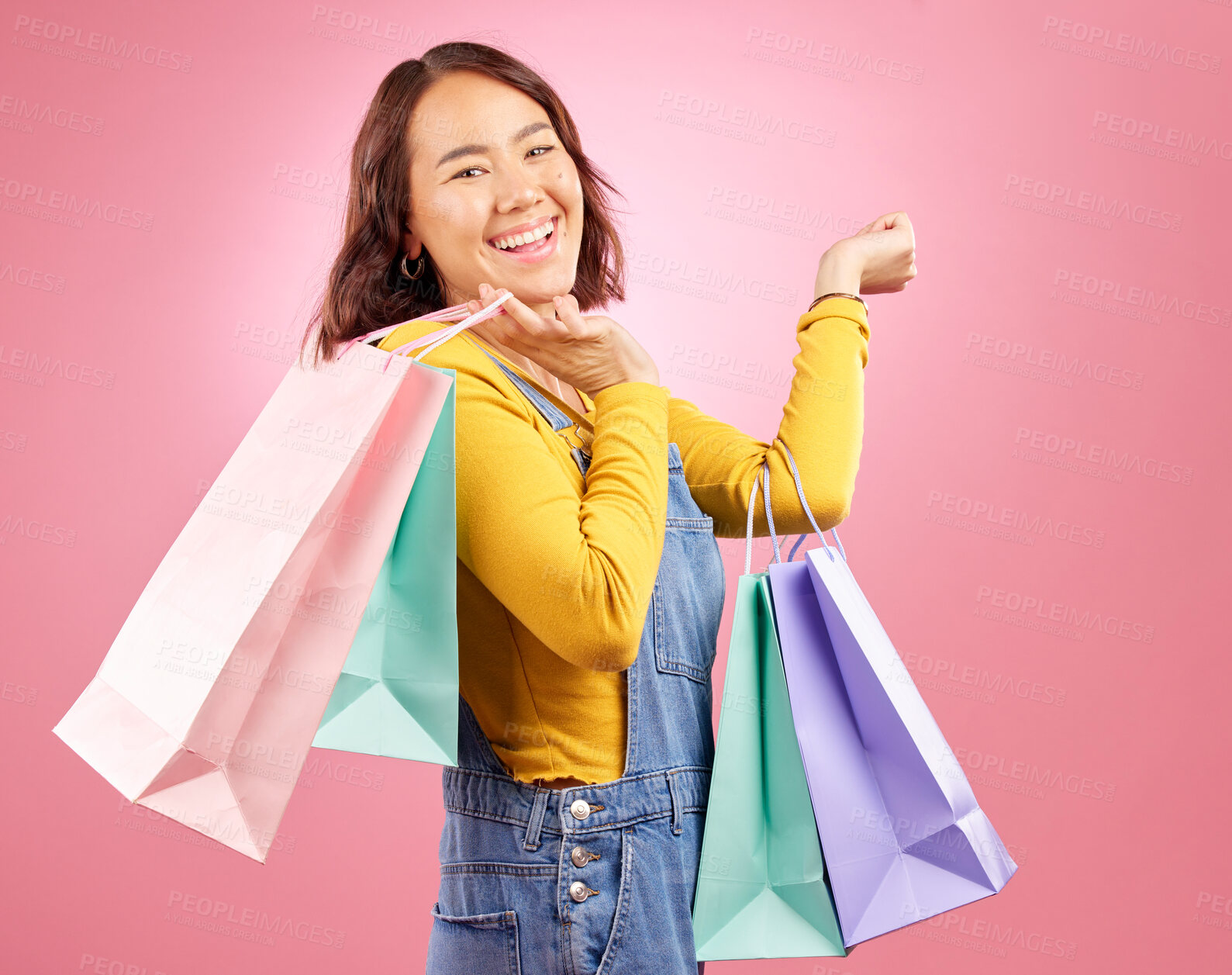 Buy stock photo Happy, shopping bag and sale with portrait of woman in studio for discount, fashion and deal. Product, retail and luxury with face of female customer on pink background for market, mall and store