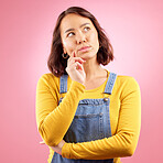 Asian woman, thinking face and ideas in studio, pink background and vision of mindset, planning and questions. Female model, focus and daydream of decision, remember memory and brainstorming solution