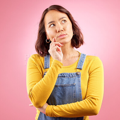 Buy stock photo Asian woman, thinking face and ideas in studio, pink background and vision of mindset, planning and questions. Female model, focus and daydream of decision, remember memory and brainstorming solution