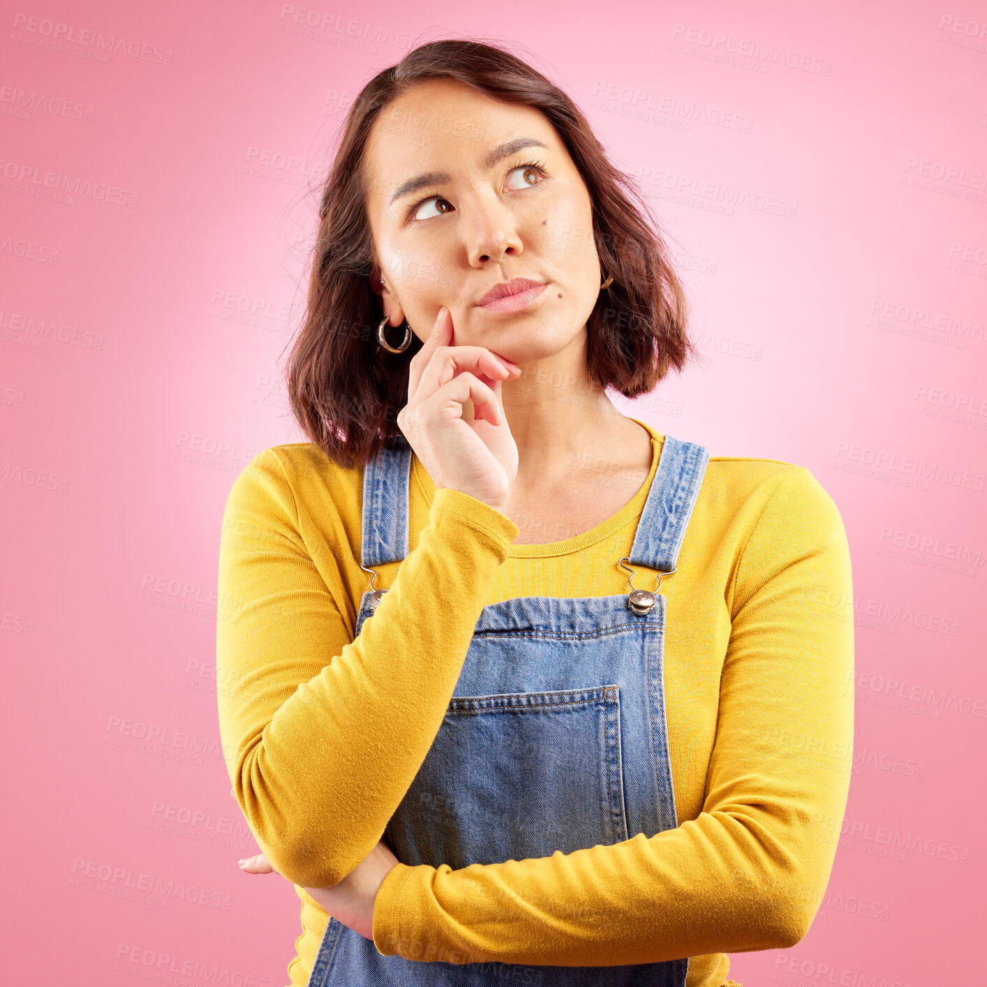 Buy stock photo Asian woman, thinking face and ideas in studio, pink background and vision of mindset, planning and questions. Female model, focus and daydream of decision, remember memory and brainstorming solution