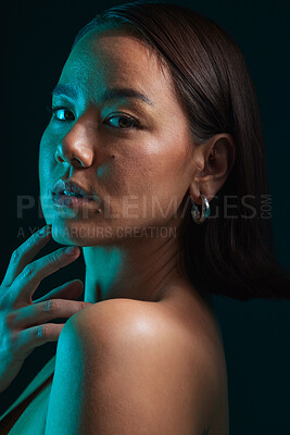 Buy stock photo Body care, cosmetic and portrait of woman in a studio with a natural, health and moisturizing treatment. Beauty, self care and Asian female model with a soft glowing skin by a dark black background.