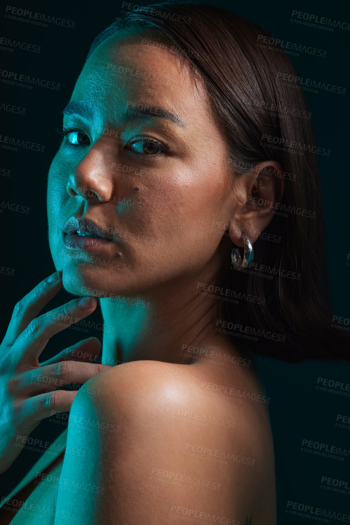 Buy stock photo Body care, cosmetic and portrait of woman in a studio with a natural, health and moisturizing treatment. Beauty, self care and Asian female model with a soft glowing skin by a dark black background.