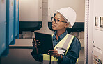 Tablet, construction worker and inspection of electrical box, factory or engineer in industry warehouse for logistics and safety. Black woman, electrician or engineer with generator on power plant