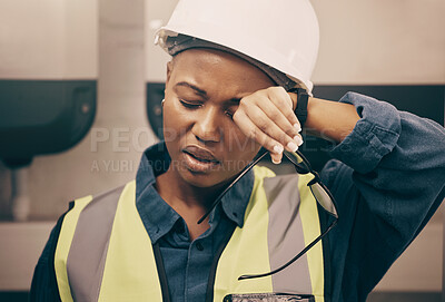 Buy stock photo Tired, engineer and black woman with fatigue, headache and deadline with health issue, burnout and overworked. Female person, exhausted employee and architect with a helmet, medical issue and stress