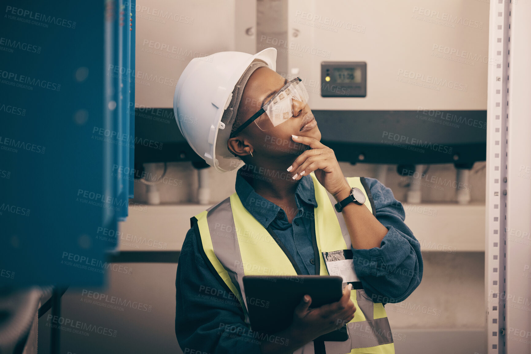 Buy stock photo Engineering, black woman or thinking on tablet, planning solution or machine maintenance in control room. Female technician, digital technology or ideas of industrial power, energy analysis or system