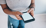 Closeup, hands and woman with a smartphone, screen and typing with social media, connection and search internet. Female person, girl and cellphone with mobile app, website information and chatting