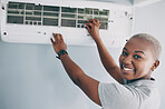 Portrait, black woman and electrician for ac repair, electrical box and fan maintenance. Happy female mechanic, technician and engineer fix power system, hvac service and air conditioning machine