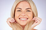 Portrait, girl and happiness with haircare or beauty with luxury salon with shine in grey background. Hairstyle, woman and happy or face with healthy shine or cosmetics in studio with glow or growth.