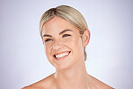 Skincare, happy woman and smile in studio for body care, treatment or natural cosmetics on grey background. Glowing skin, beauty and female wellness model with dermatology, results and satisfaction 