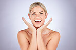 Skincare, wow and happy woman portrait in studio surprised by glowing skin, results or treatment on grey background. Beauty, smile and lady face model surprised by cosmetic, dermatology or self love