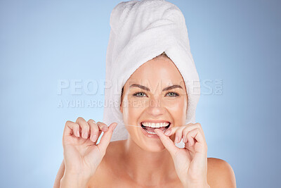 Buy stock photo Dental portrait, smile or woman floss teeth for morning beauty, tooth maintenance routine or gum plaque protection. Enamel safety, face or person cleaning mouth for oral hygiene on studio background
