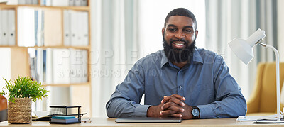 Buy stock photo Portrait of black man in office, desk smile with professional consulting and lawyer at advisory agency. Consultant, law firm attorney or happy and expert businessman in trust at workplace in Africa