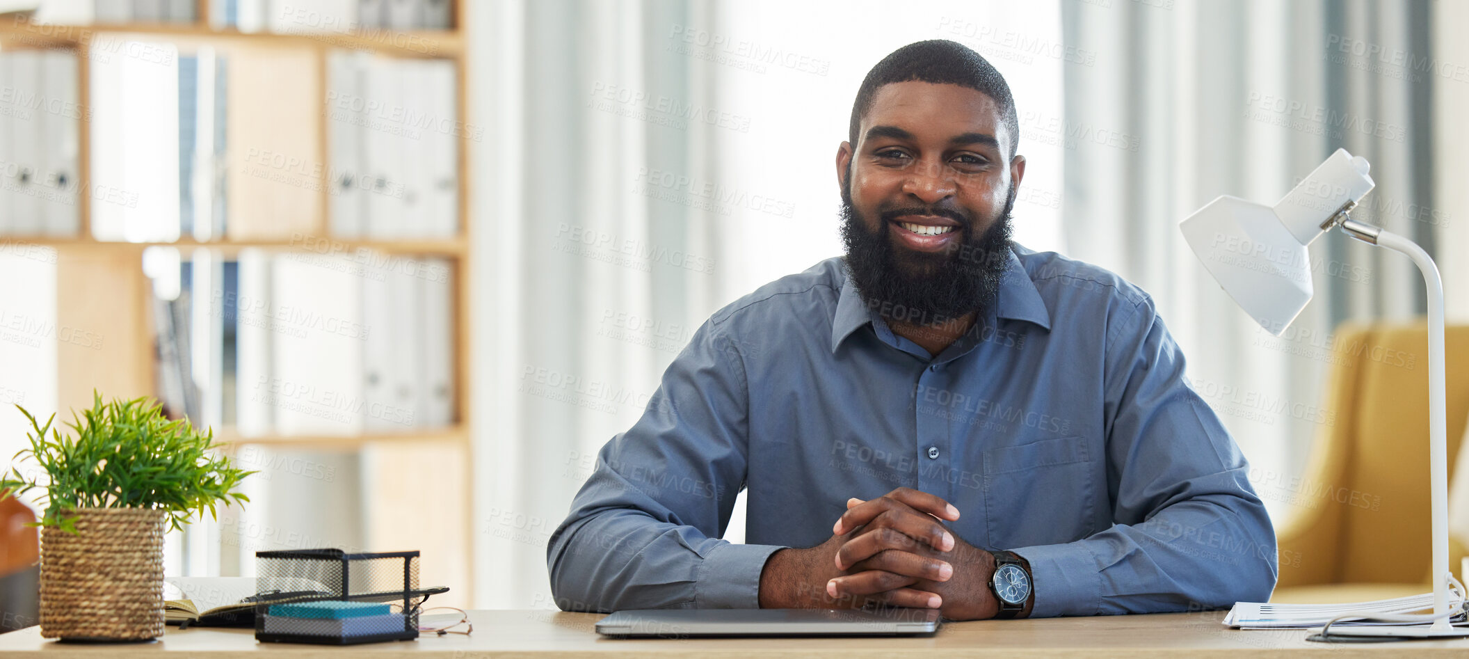 Buy stock photo Portrait of black man in office, desk smile with professional consulting and lawyer at advisory agency. Consultant, law firm attorney or happy and expert businessman in trust at workplace in Africa