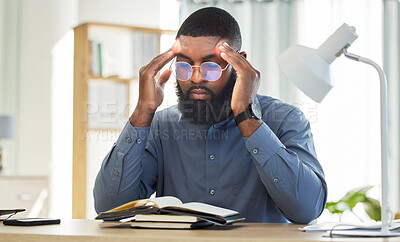 Buy stock photo Headache, notebook or black man frustrated with stress, burnout or depression in office with glasses. Migraine, head pain or depressed businessman worried by mistake, tax risk or financial crisis 