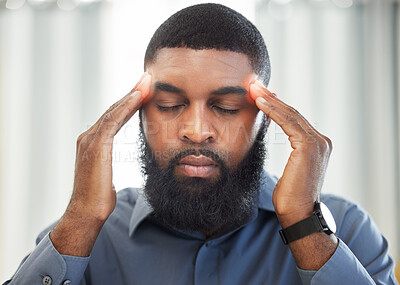 Buy stock photo Business, pain and black man with a headache, burnout and audit deadline with health problem, emergency and stress. Male person, employee and consultant with a migraine, medical issue and overworked