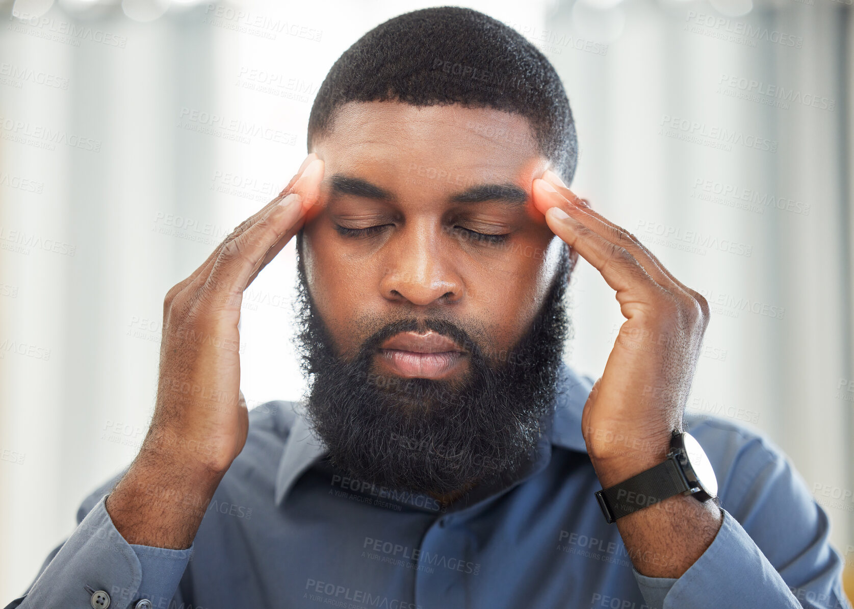 Buy stock photo Business, pain and black man with a headache, burnout and audit deadline with health problem, emergency and stress. Male person, employee and consultant with a migraine, medical issue and overworked