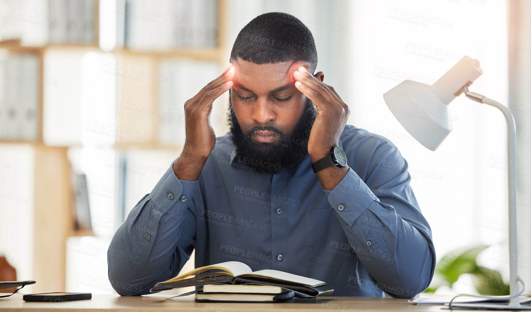 Buy stock photo Business, health and black man with a headache, burnout and audit deadline with emergency overworked and suffering with pain. Male person, employee and migraine with medical issue, office and stress