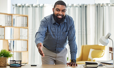 Buy stock photo Black man, open handshake or portrait of businessman for welcome, deal or onboarding in office. Hand gesture, CEO or human resources manager with respect, hiring opportunity or partnership agreement