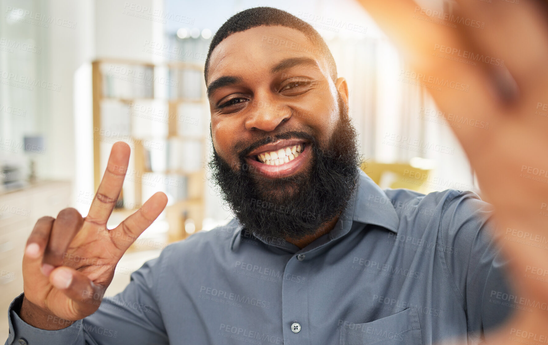 Buy stock photo Smile, business man and selfie with a peace sign and face of influencer person at work. Portrait of a black guy or entrepreneur with job satisfaction and pride for social media profile picture update