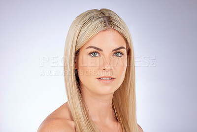 Buy stock photo Portrait, blonde woman and beauty of hair care, natural skincare and aesthetic wellness on studio background. Face, female model and focus on dermatology of cosmetics, salon shampoo and healthy shine