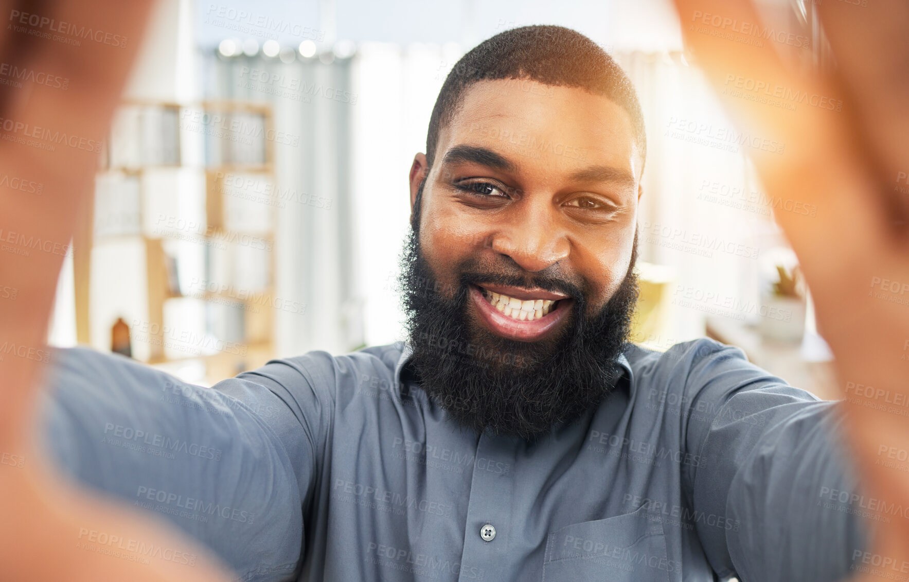 Buy stock photo Smile, face and selfie of a black man as a business or influencer person at work. Portrait of an African guy or entrepreneur with job satisfaction and pride for social media profile picture or update