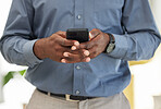 Hands, business man and typing on cellphone for social network, mobile website and digital contact. Closeup of worker, smartphone user and reading corporate news app, information and download media