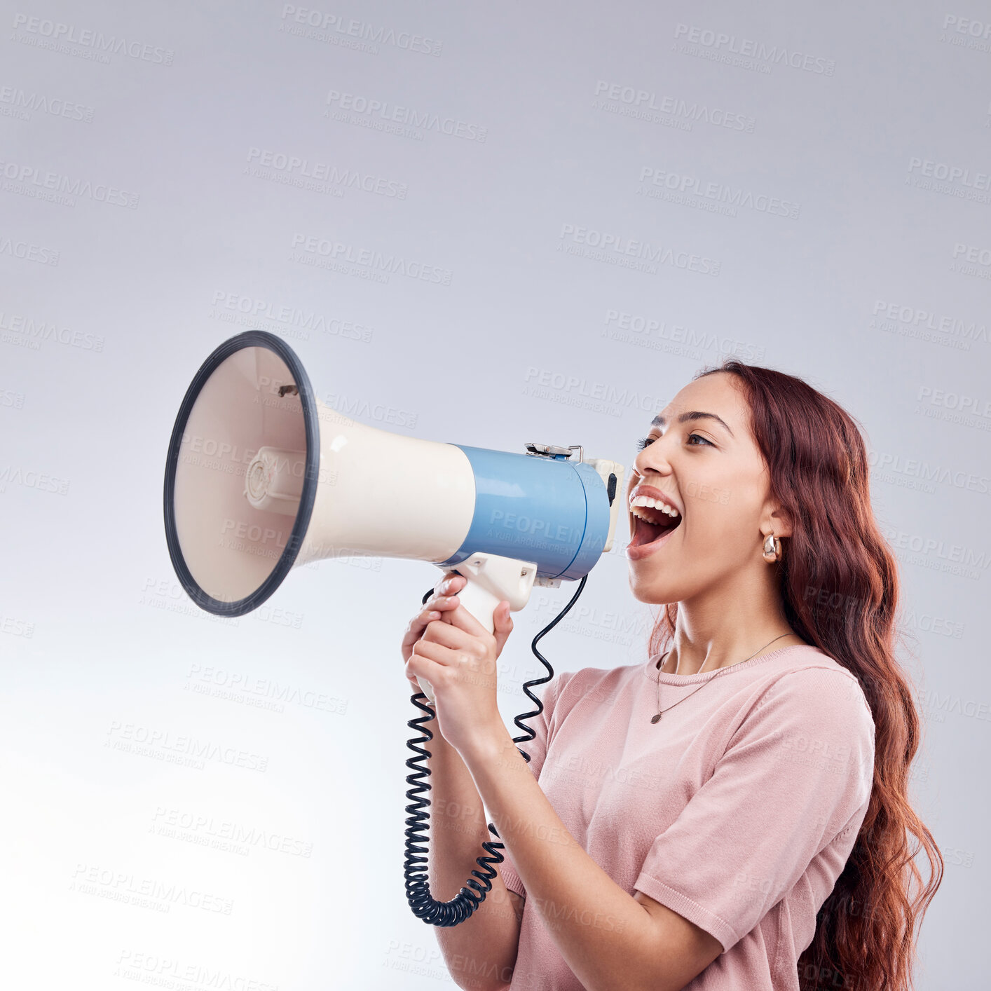 Buy stock photo Discount, megaphone or woman shouting an announcement, speech or sale on white background. Attention, voice or girl with news or broadcast of opinion on mock up space talking on mic speaker in studio