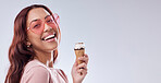 Fashion, ice cream and portrait of woman with sunglasses in studio with dessert, snack and sweet treats. Happy, smile and face of female person with cone in trendy accessories, style and cosmetics
