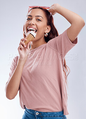 Buy stock photo Dessert, ice cream and portrait of woman with sunglasses in studio with gelato, snack and sweet treats. Happy, smile and face of female person with cone in trendy accessories, style and cosmetics