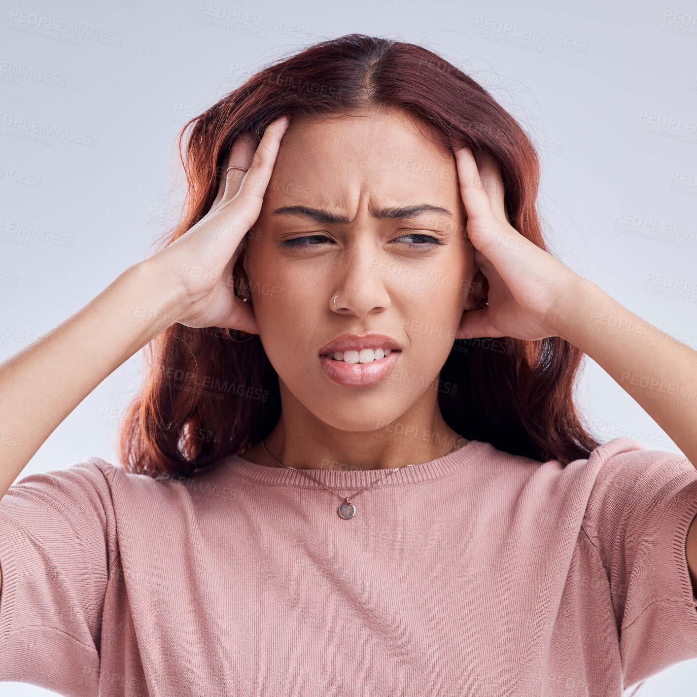 Buy stock photo Woman, pain and headache, stress or health problem with brain fog or anxiety isolated on white background. Crisis, disaster and female person with a migraine, sick and dizzy with fatigue in studio