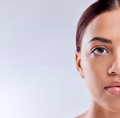 Buy stock photo Portrait, mockup or girl with natural beauty or wellness in studio isolated on white background. Dermatology, advertising space or face of woman model with facial skincare cosmetics or glowing shine