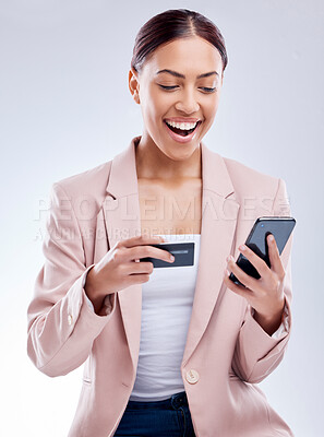 Buy stock photo Happy woman, credit card and smartphone for online shopping, excited about deal and fintech on white background. Female customer, smile with payment and e commerce, bank app and discount in studio