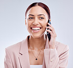 Smile, phone call and business woman in communication in studio isolated on a white background. Happy, smartphone and person in conversation, talking or listen to contact for mobile discussion online