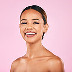 Skincare, beauty and portrait of happy woman with makeup, wellness and glow on pink background. Cosmetics, dermatology and model with luxury facial care results and healthy spa aesthetic in studio.