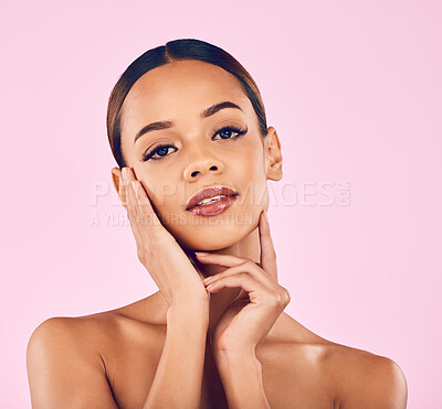 Buy stock photo Skincare, cosmetics and portrait of woman with makeup, wellness and glow on pink background. Natural beauty, dermatology and model with luxury facial care results and healthy spa aesthetic in studio.