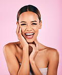 Skincare, beauty and portrait of excited woman with makeup, wellness and glow on pink background. Cosmetics, dermatology and model with smile, luxury facial care and healthy spa aesthetic in studio.