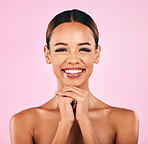 Skincare, makeup and portrait of happy woman with natural beauty, wellness and glow on pink background. Cosmetics, dermatology and model with smile, luxury facial care and spa aesthetic in studio.